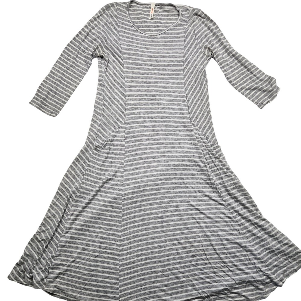 Orange Creek Gray Striped A-Line Swing‎ Midi Dress 3/4 Sleeves Size M - Pockets!